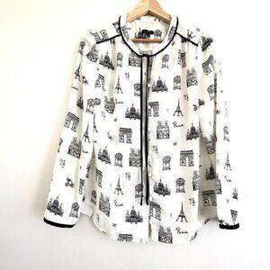 Talbots White Black Paris Pop Over Top women Size S Button tie Quiet Luxury S